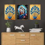 Set of three golden framed wall paintings for living room and bedroom décor, stylish home and office wall art in India.