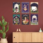 Set of six golden framed wall paintings for living room and bedroom décor, elegant home and office wall art in India.