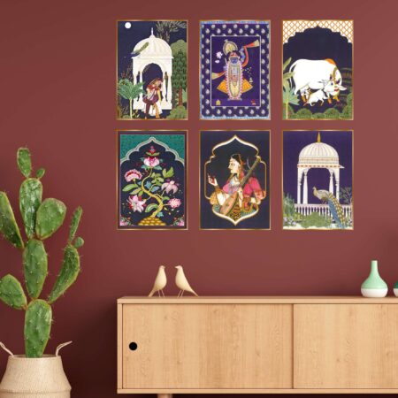 Set of six golden framed wall paintings for living room and bedroom décor, elegant home and office wall art in India.