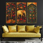 Set of three large golden framed wall paintings for living room and bedroom décor, premium home and office wall art in India.
