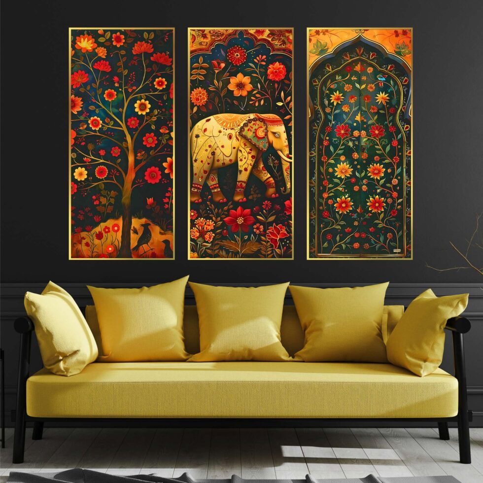 Set of three large golden framed wall paintings for living room and bedroom décor, premium home and office wall art in India.